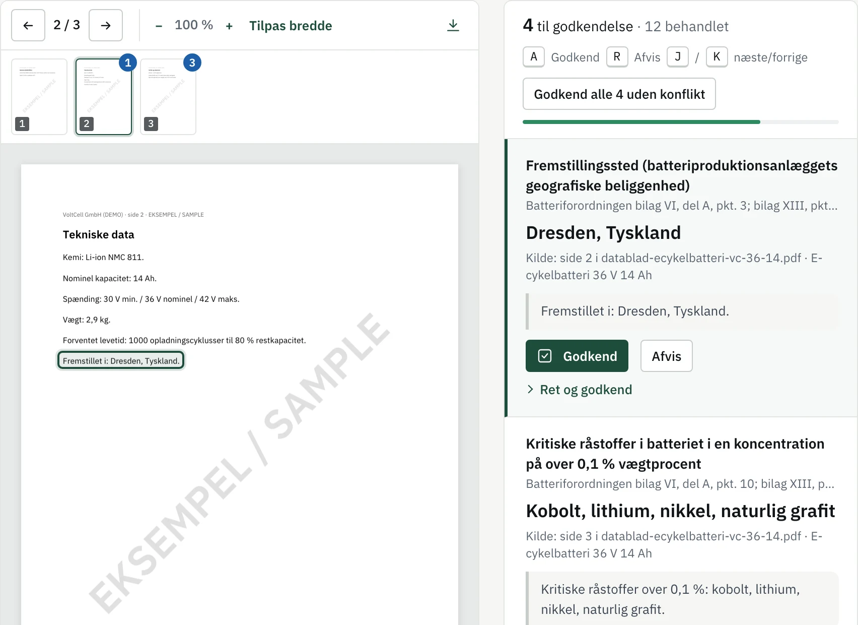 Datablad for et e-cykelbatteri med de fundne værdier markeret. Demodata.