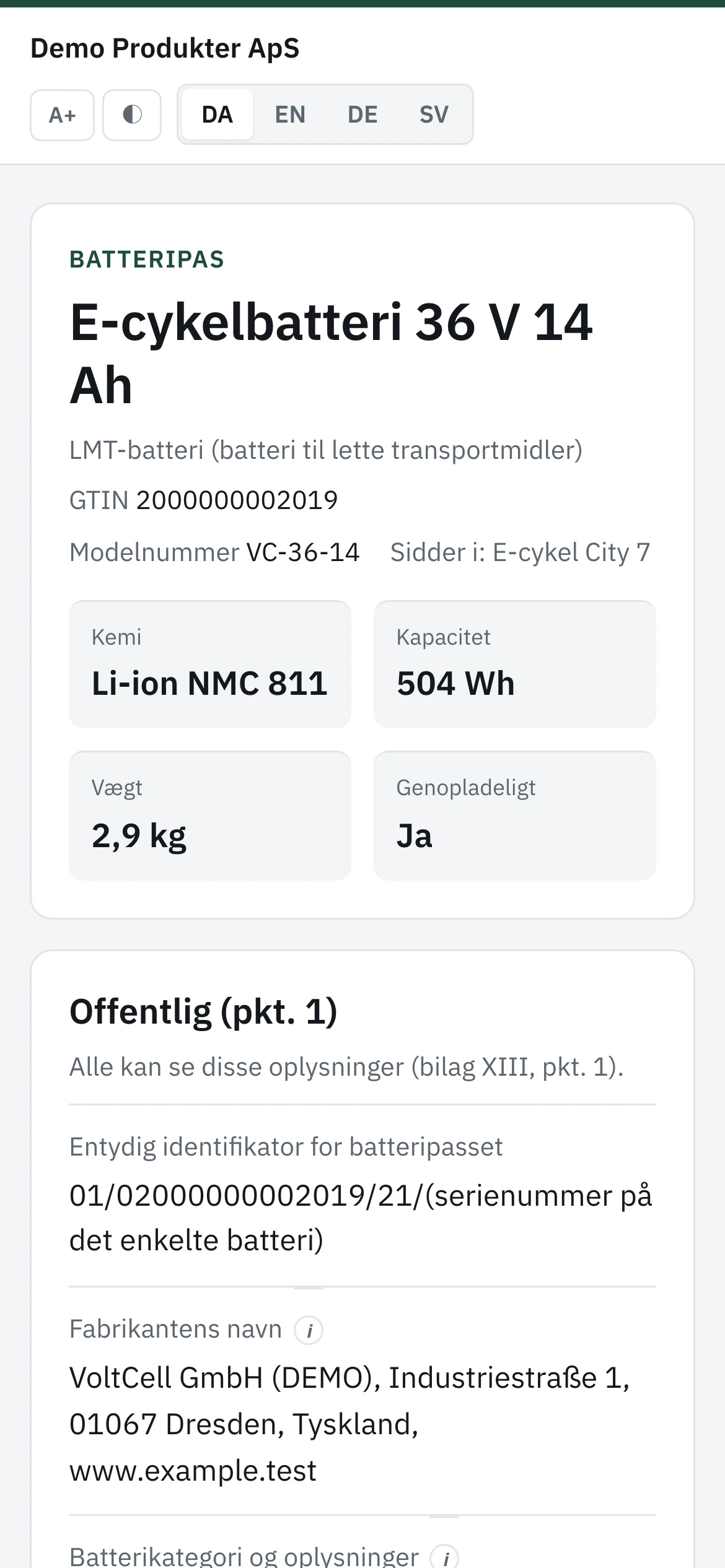 Batteripasset på en telefon efter scanning af QR-koden. Demodata.